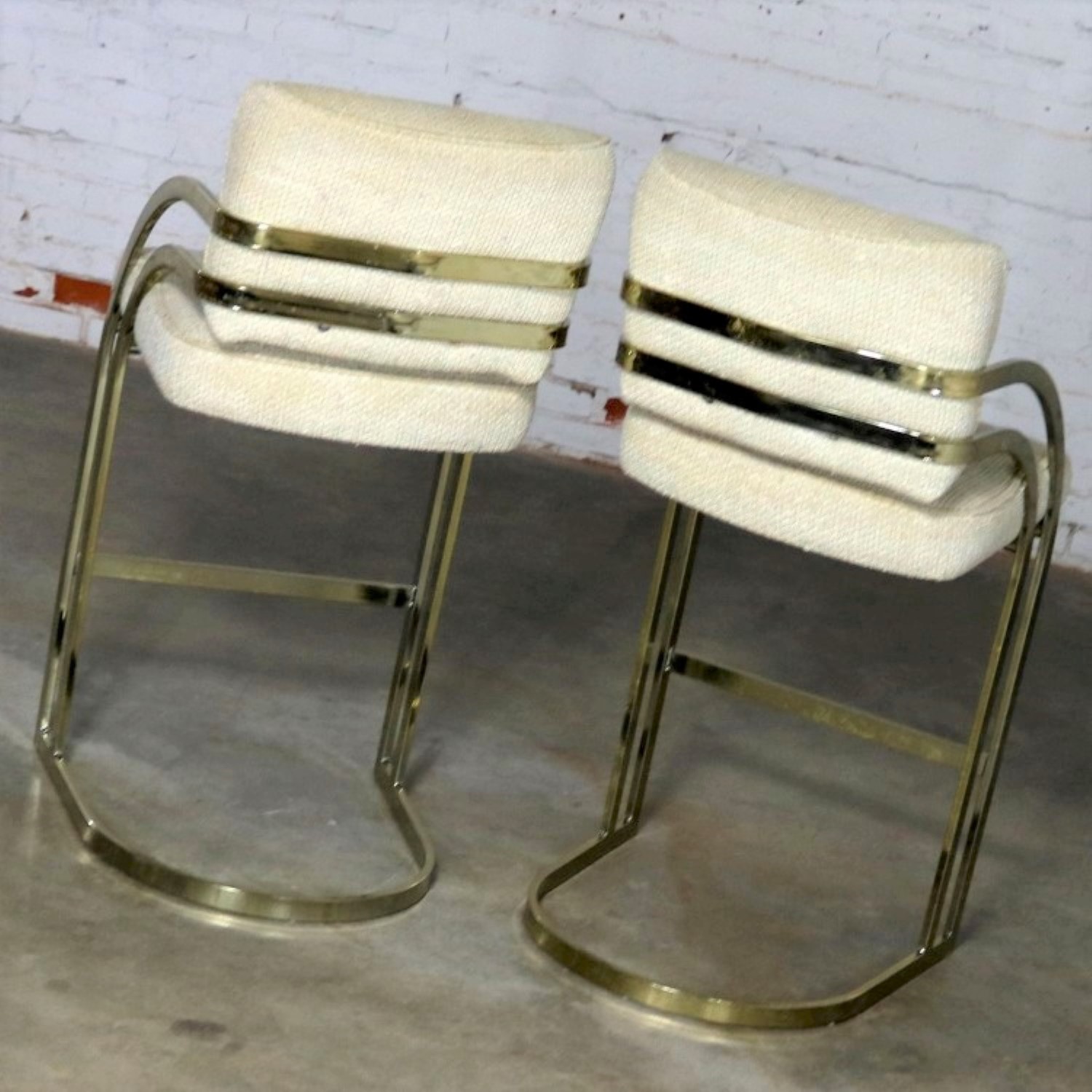 Pair Milo Baughman Style Cantilever Brass Plated Bar Stools MCM