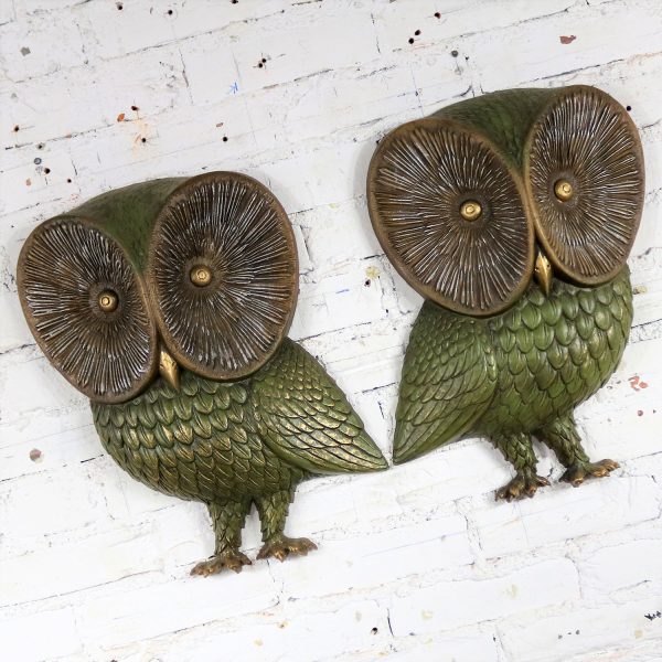 Owl Wall Hanging Sculpture Plaques by Burwood Product Co. Mid Century Modern Pair