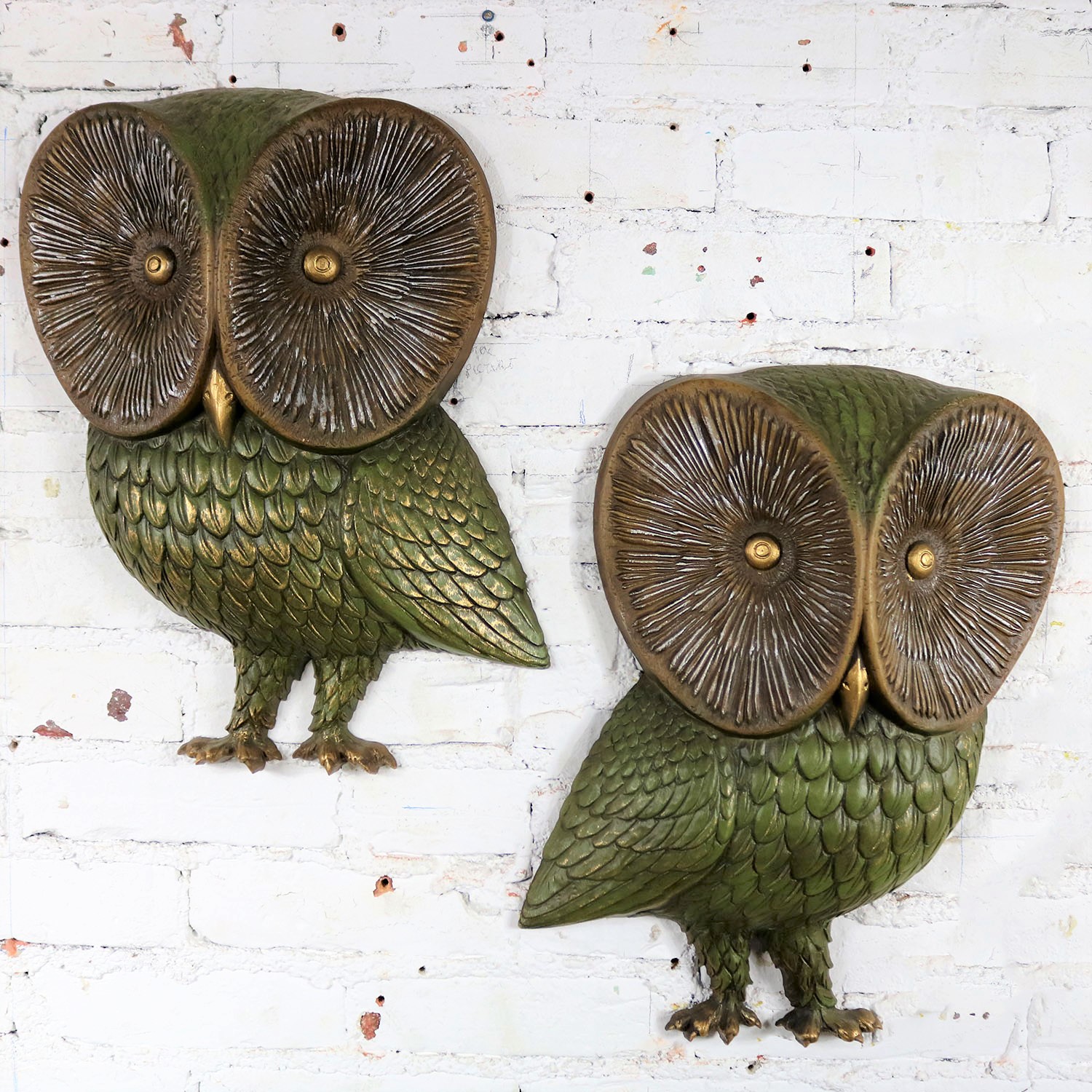 Owl Wall Hanging Sculpture Plaques by Burwood Product Co. Mid Century Modern Pair