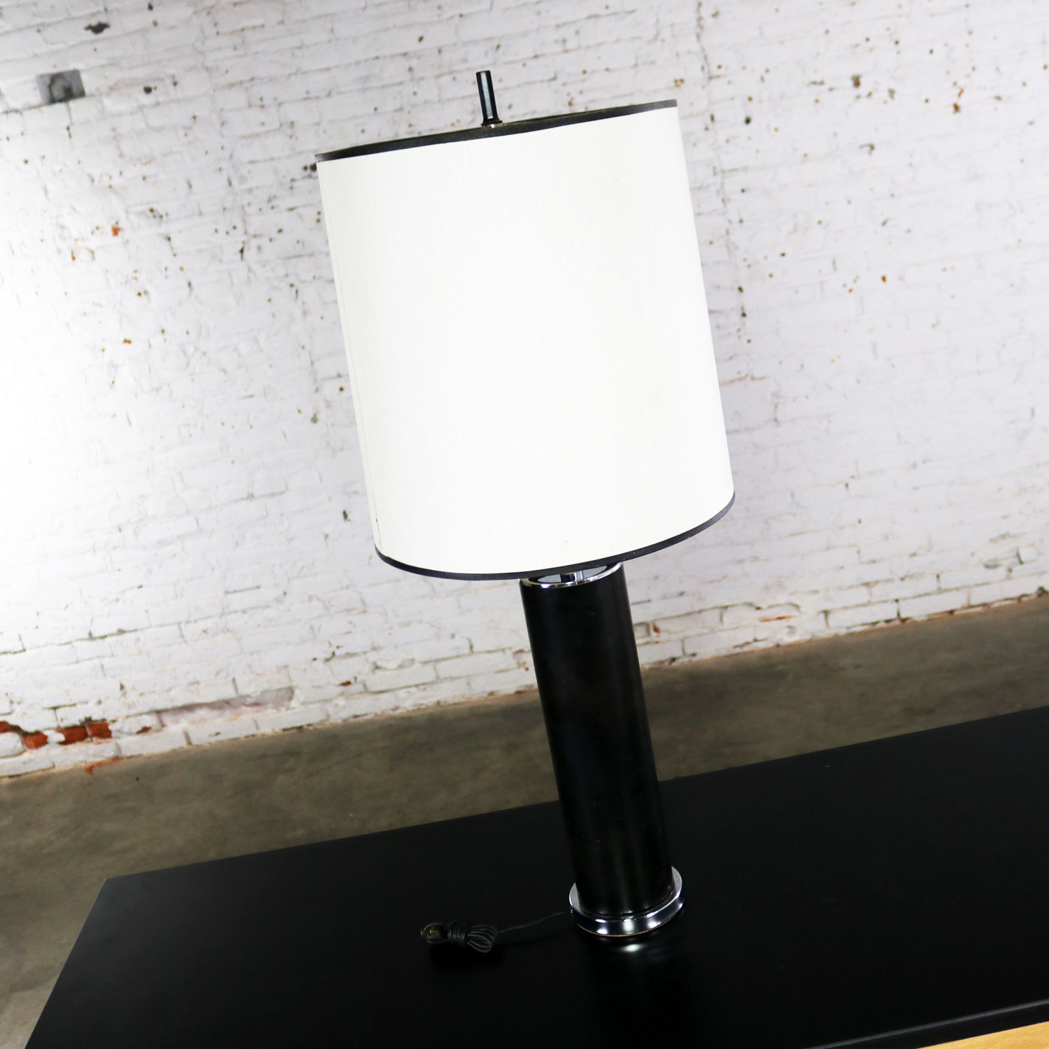 Chrome & Black Faux Leather International Style Cylindrical Table Lamp After Walter von Nessen