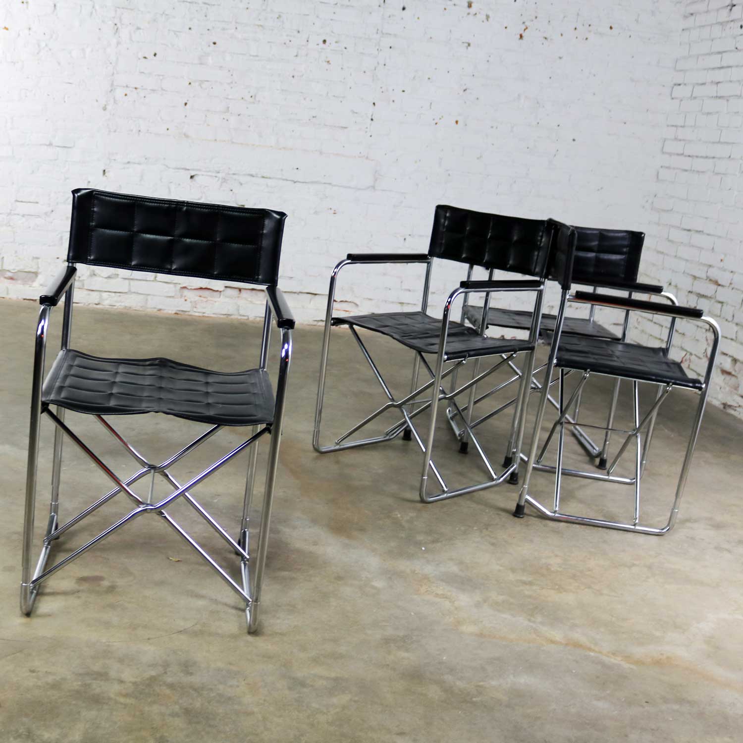 Folding Campaign Style Director’s Chairs Black Vinyl & Chrome Style of Gae Aulenti Set 4