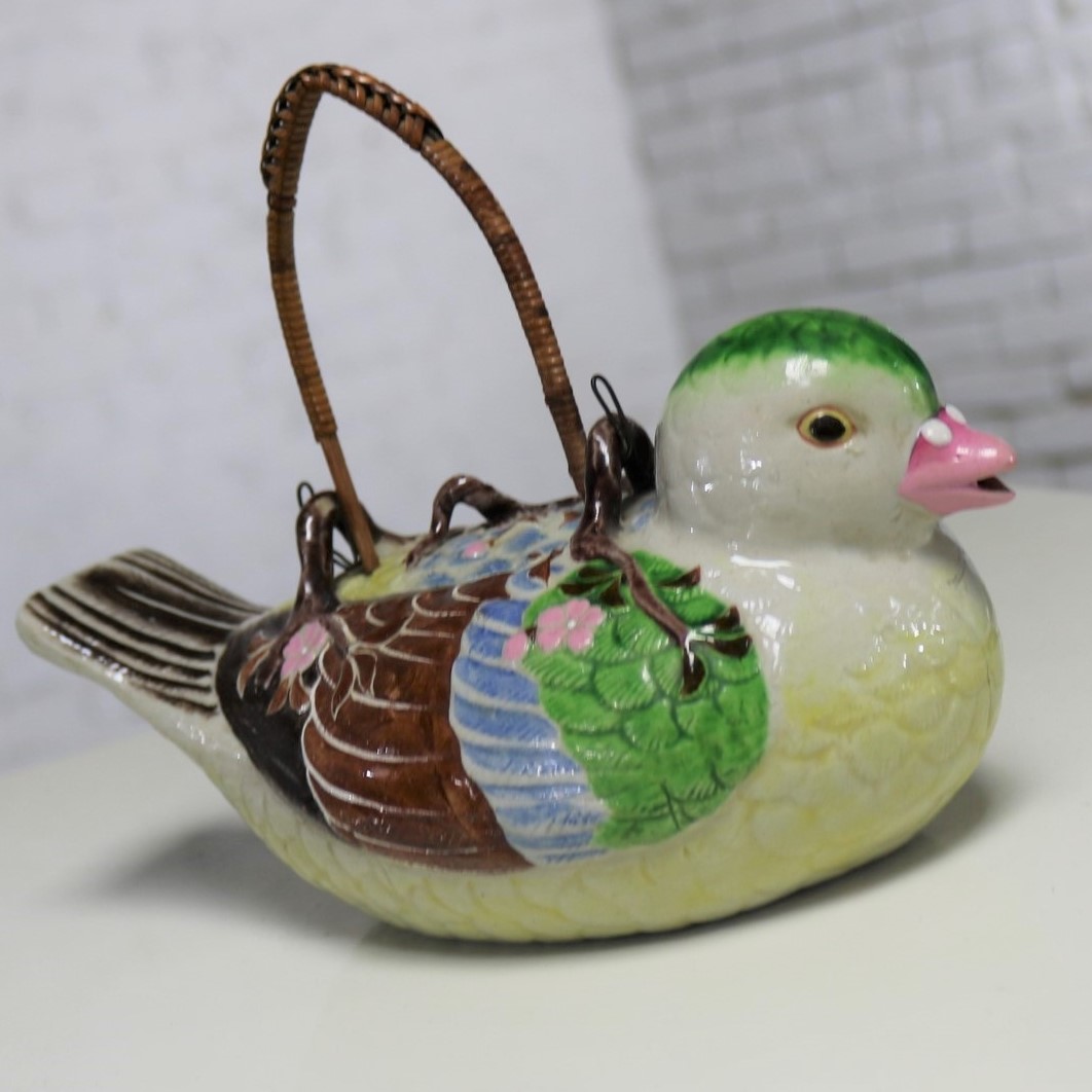 Small Antique Japanese Banko Ware Figural Bird Teapot with Wrapped Rattan Handle