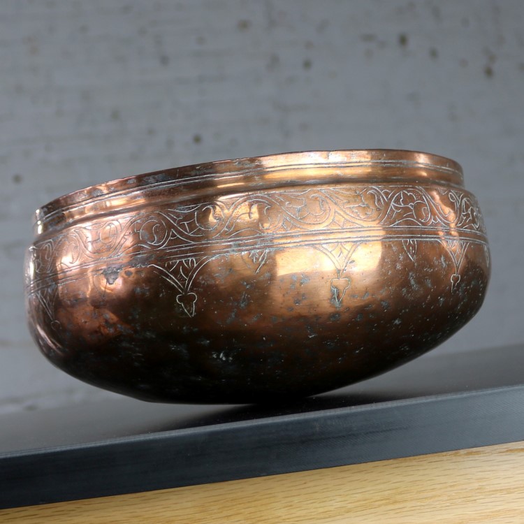 Ottoman Antique Turkish Copper Round Bottom Bowl Hand Forged and Hand Chiseled
