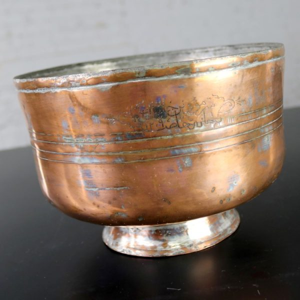 Antique Turkish Footed Medium Sized Copper Bowl Hand Forged Incised Tinned