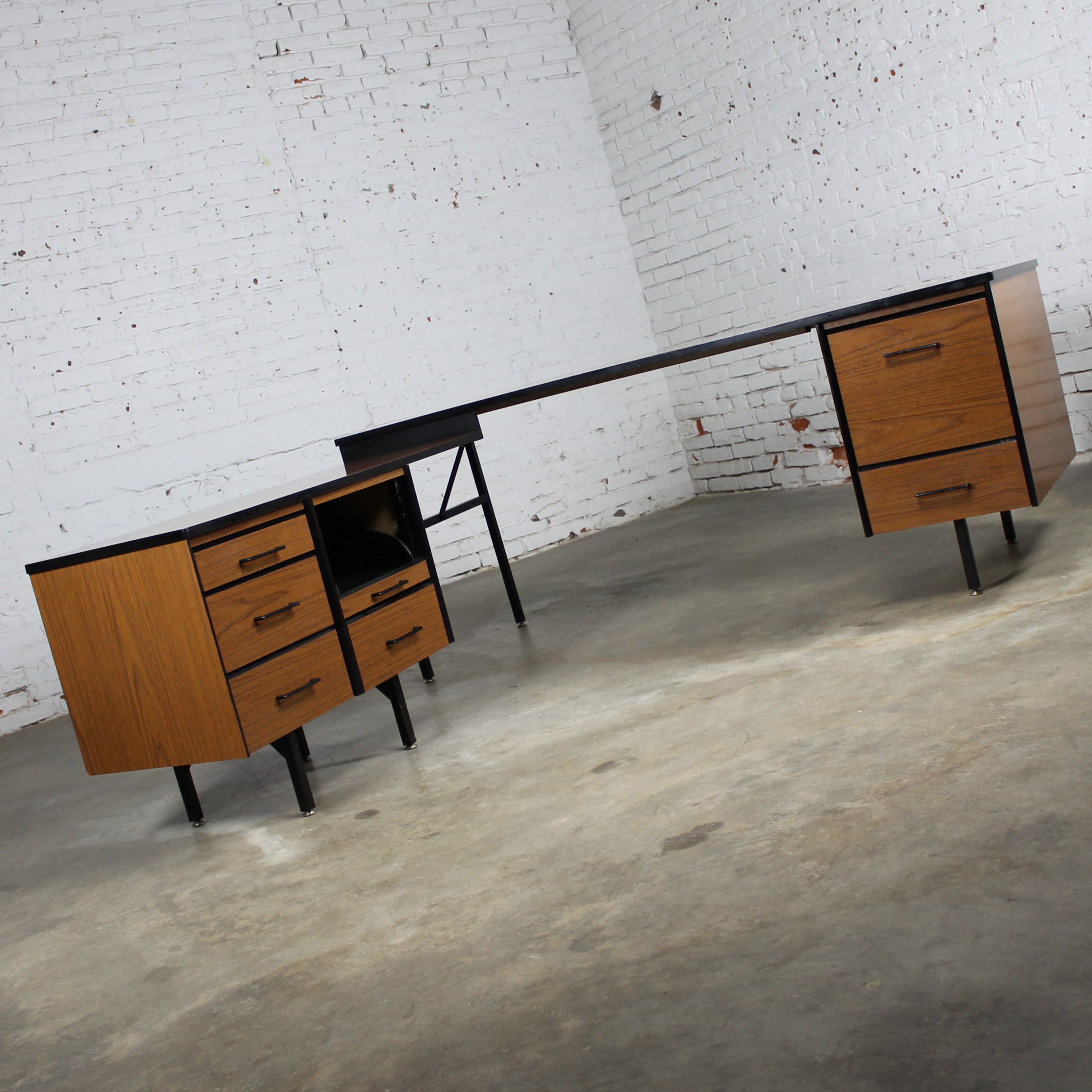 Mid Century Modern Imperial Desk Company Walnut Laminate And Black