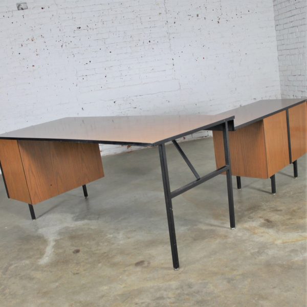 Mid-Century Modern Imperial Desk Company Walnut Laminate and Black Metal Desk with Return