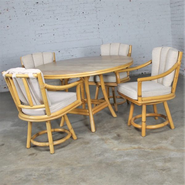 Mid-Century Ficks Reed Co. Round Rattan Game Table with Four Swivel Armchairs
