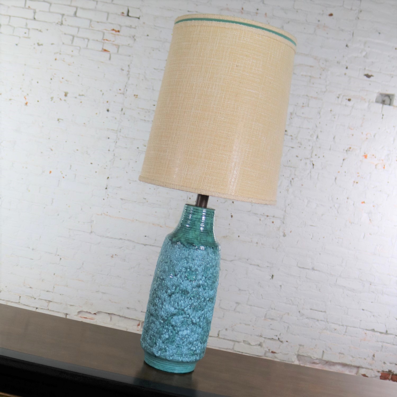 Large Mid Century Modern Turquoise Lava Glaze Ceramic Table Lamp after Fantoni