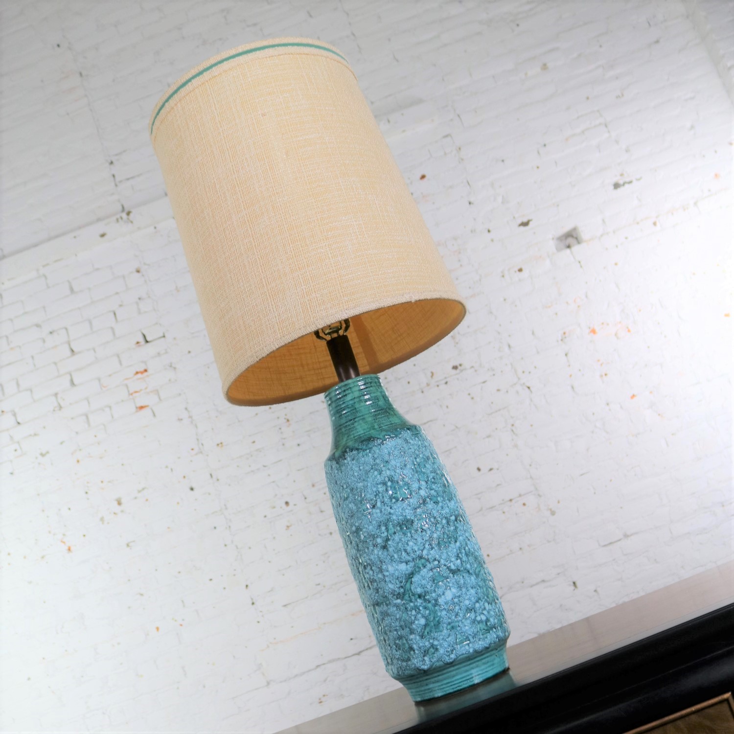 Large Mid Century Modern Turquoise Lava Glaze Ceramic Table Lamp after Fantoni
