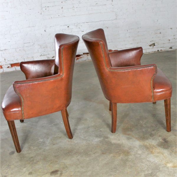 Art Deco Pair of Petite Brown Faux Leather Arm Chairs with Nail Head Accent