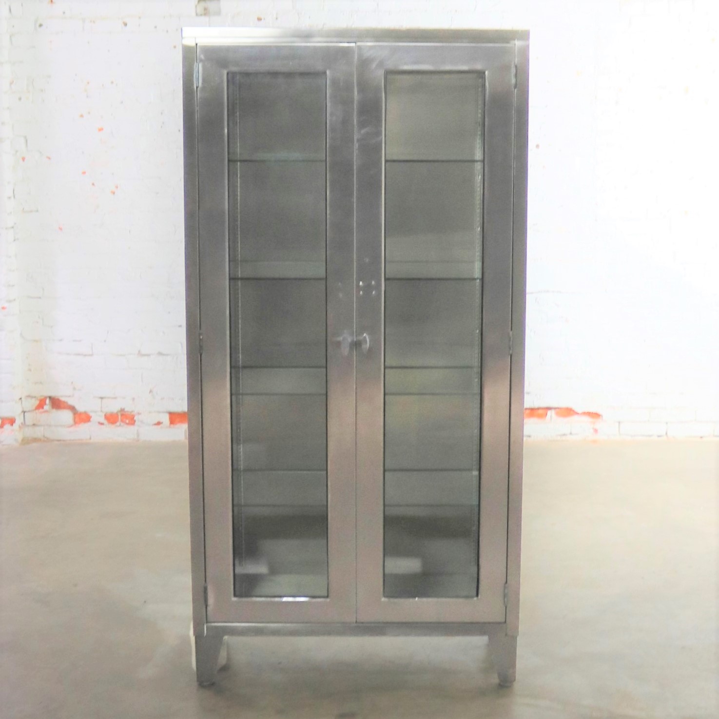 Vintage Stainless Steel Industrial Display Apothecary Medical Cabinet with Glass Doors and Shelves-6