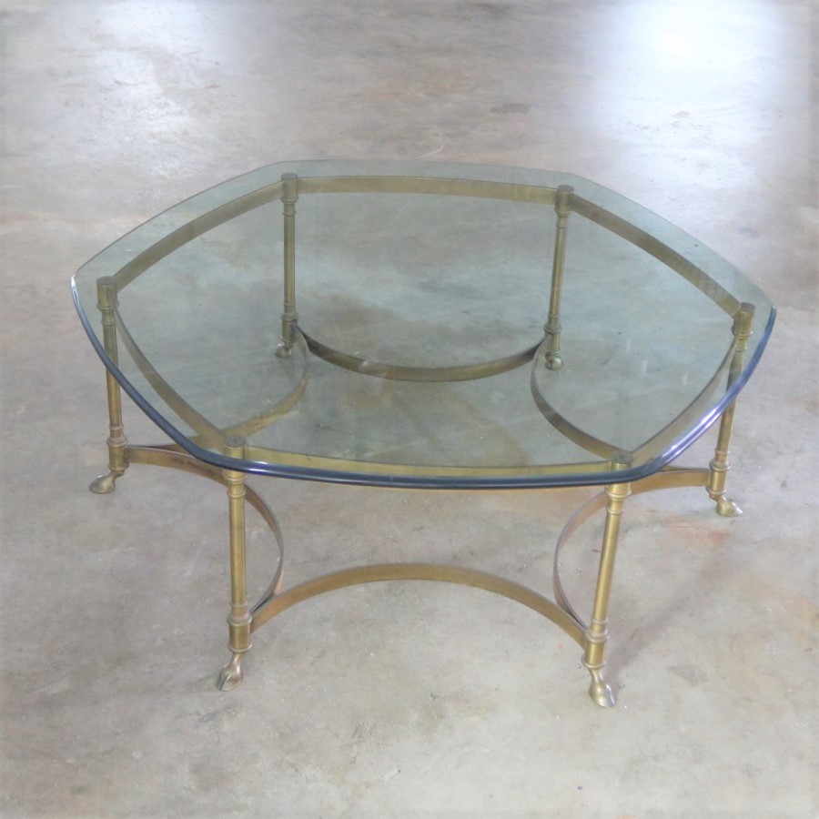 Neoclassical Hollywood Regency Brass and Glass Hexagon Coffee Table with Hoof Feet