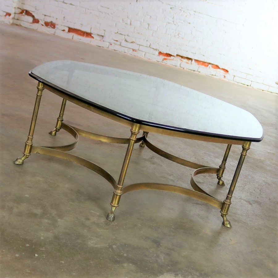 Neoclassical Hollywood Regency Brass and Glass Hexagon Coffee Table with Hoof Feet