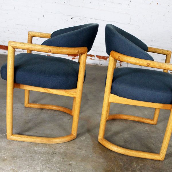 Pair Scandinavian Style Bentwood Oak Arm Chairs with Blue Upholstery Vintage Modern