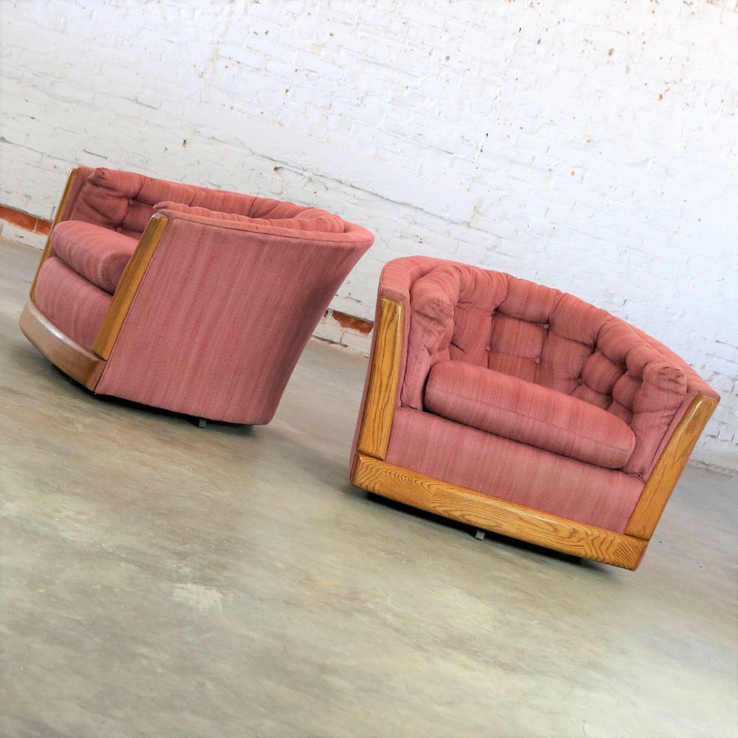 Pair of Swivel Barrel Chairs with Oak Trim Style of Milo Baughman or Harvey Probber