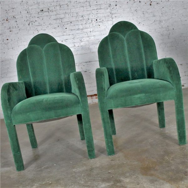 Hollywood Regency Art Deco Revival Cloverleaf Top Green Velvet Parson Style Dining Chairs Set of Four