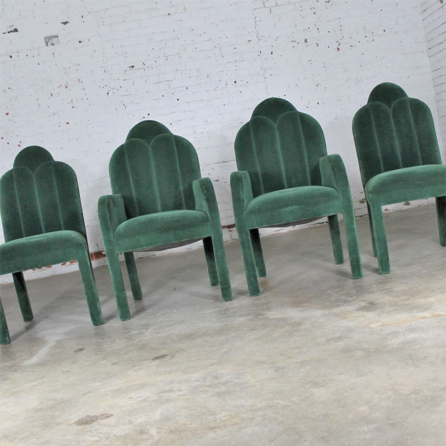 Hollywood Regency Art Deco Revival Cloverleaf Top Green Velvet Parson Style Dining Chairs Set of Four