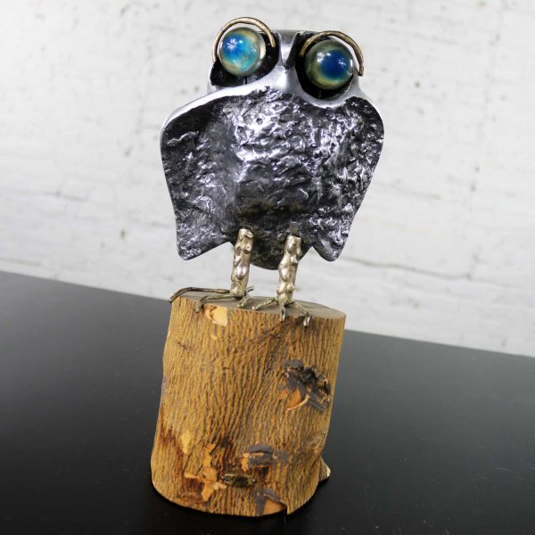 Mid Century Modern Owl Sculpture by Curtis Jere in Cast Aluminum on Wood Stump