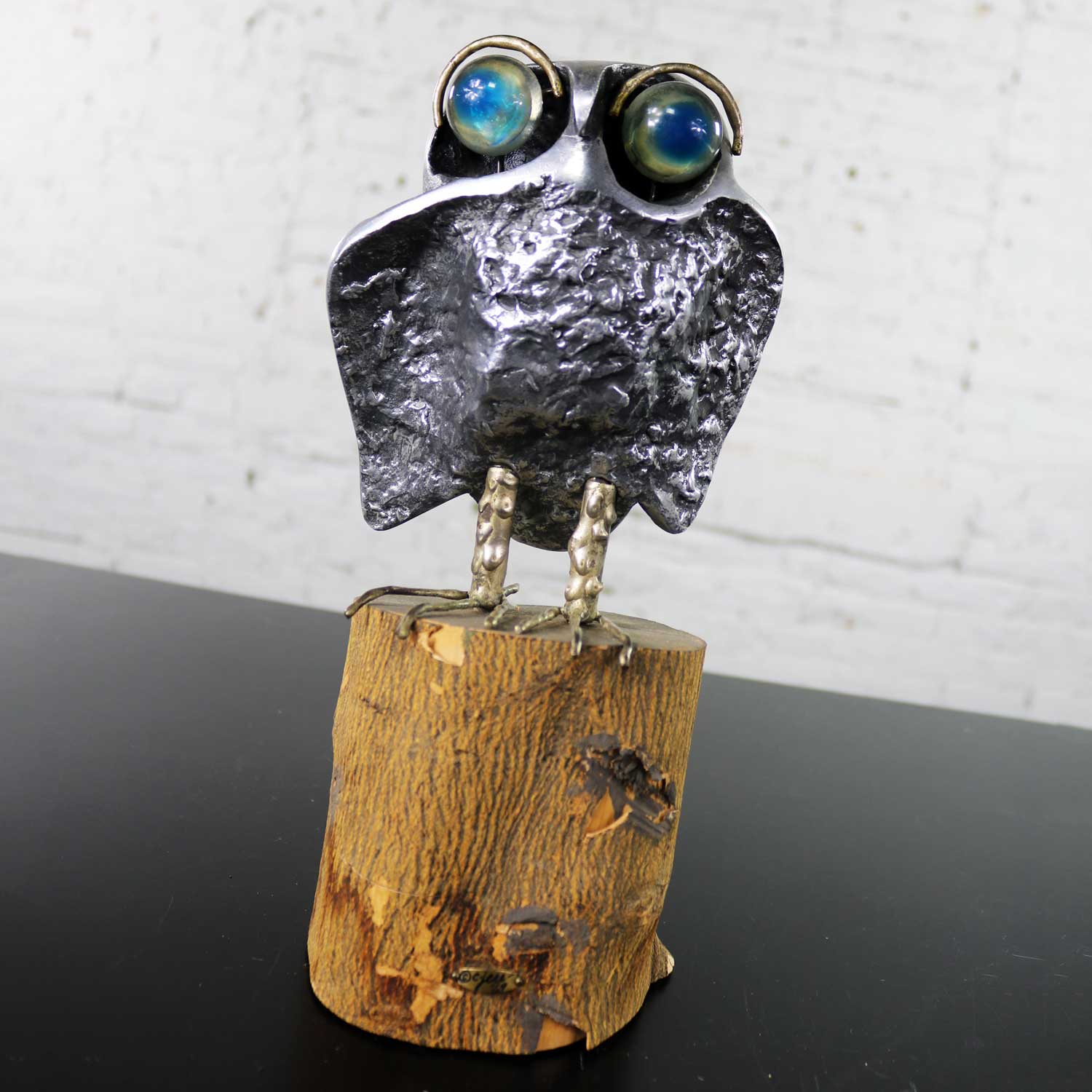 Mid Century Modern Owl Sculpture by Curtis Jere in Cast Aluminum on Wood Stump