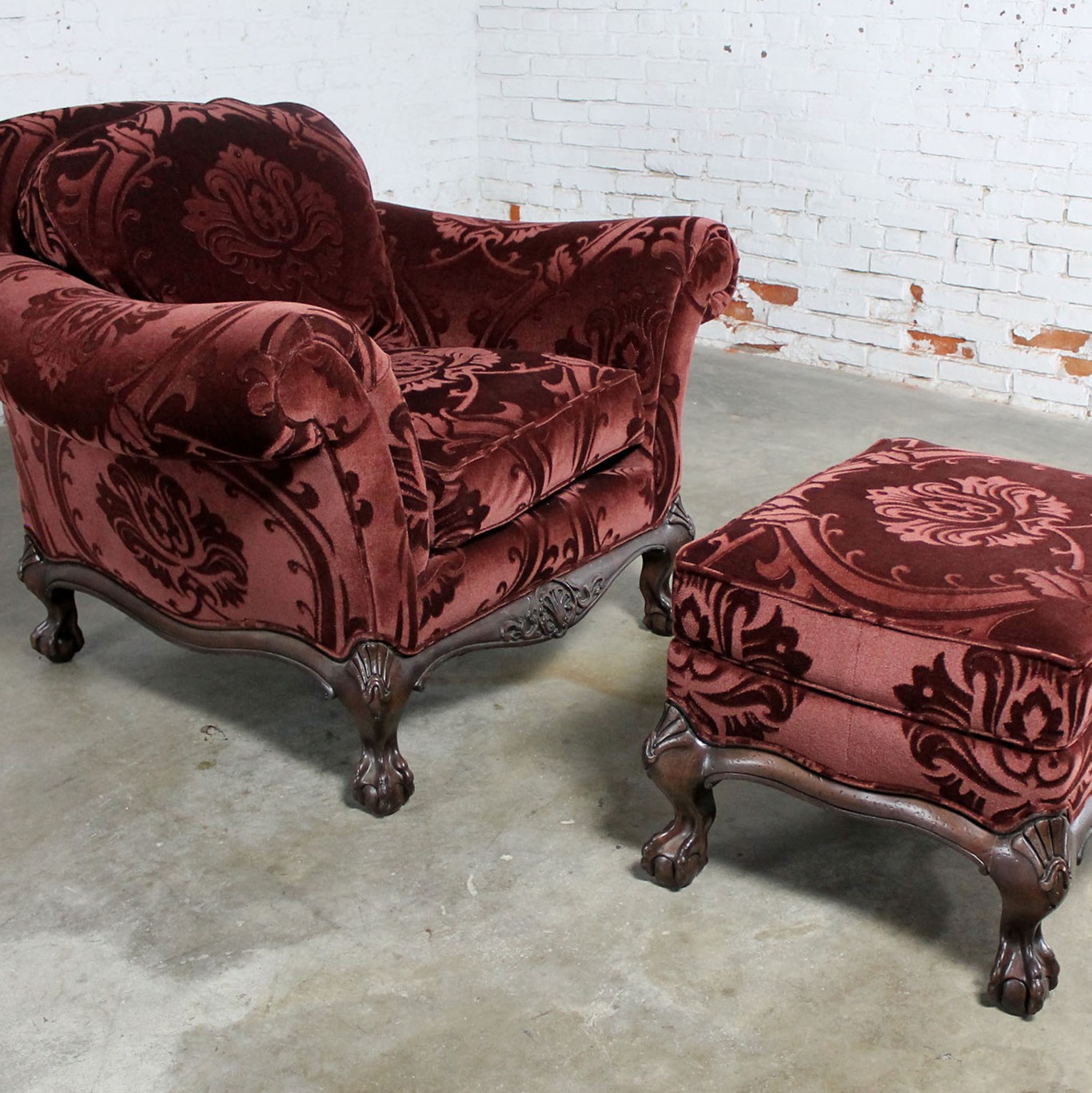 Hancock and Moore Burgundy Sculpted Mohair Lounge Chair and Ottoman