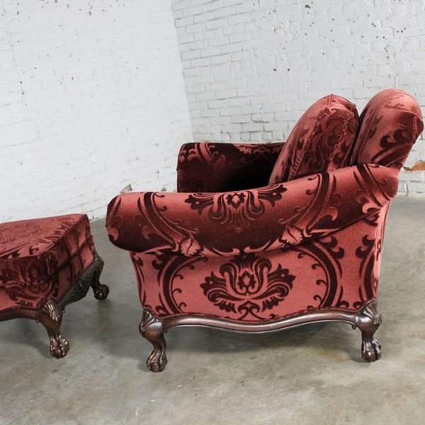 Hancock and Moore Burgundy Sculpted Mohair Lounge Chair and Ottoman