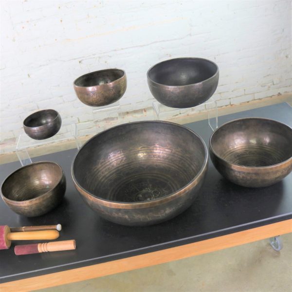 Vintage Set of 6 Bronze Nesting Incised Singing Bowls or Standing Bowls with Mallets