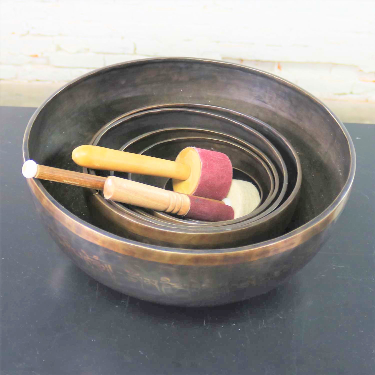 Vintage Set of 6 Bronze Nesting Incised Singing Bowls or Standing Bowls with Mallets