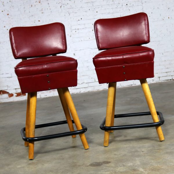Pair Mid Century Red Vinyl and Blonde Counter Height Bistro Bar Stools by WCI