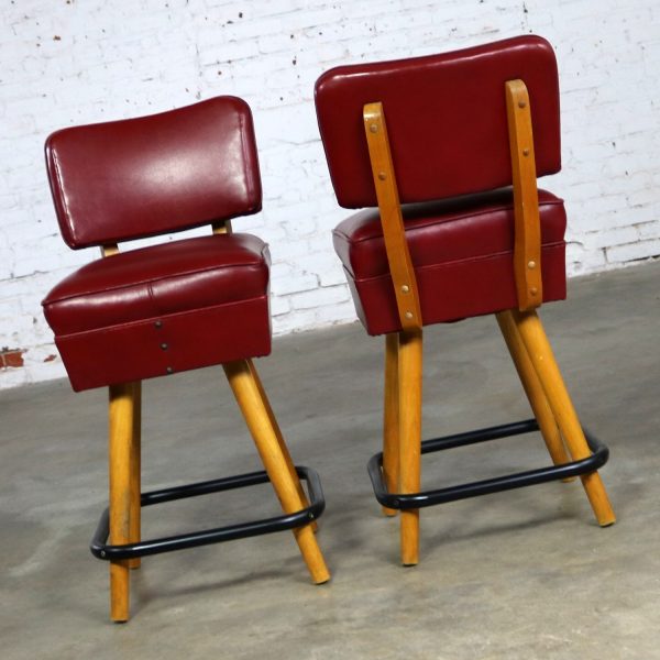 Pair Mid Century Red Vinyl and Blonde Counter Height Bistro Bar Stools by WCI