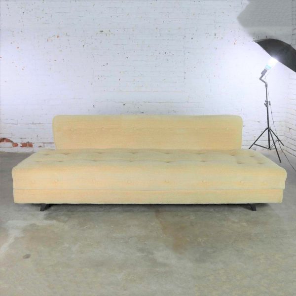 Mid Century Modern Convertible Sofa Bed with Button Detail in Oatmeal Colored Mohair