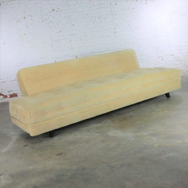 Mid Century Modern Convertible Sofa Bed with Button Detail in Oatmeal Colored Mohair