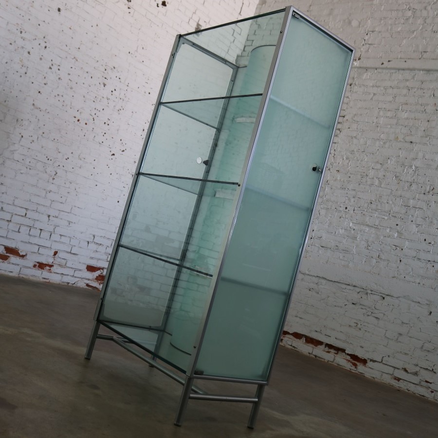 Modern Dual Sided Glass and Metal Enclosed Display Vitrine Étagère Cabinet or Room Divider
