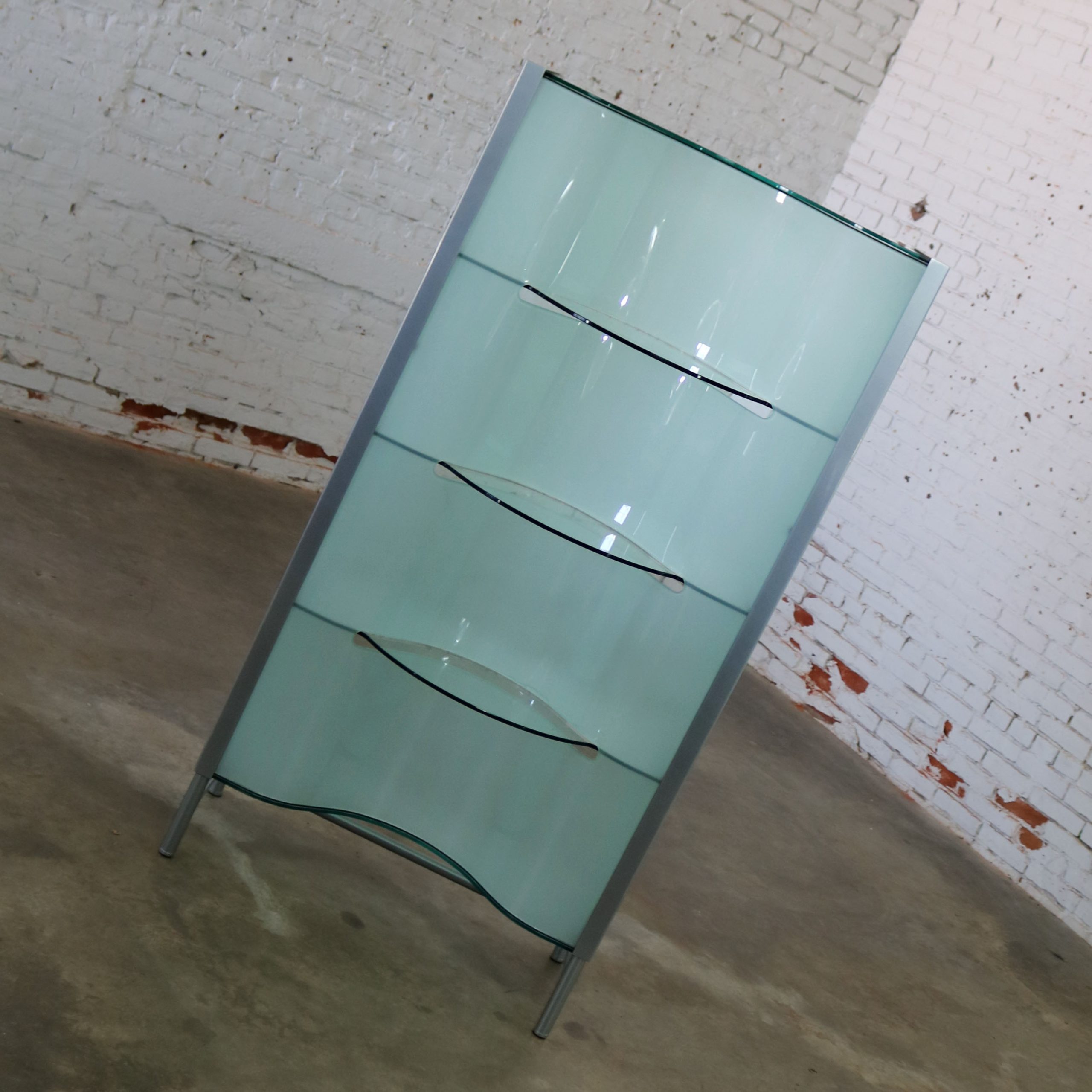 Modern Dual Sided Glass and Metal Enclosed Display Vitrine Étagère Cabinet or Room Divider