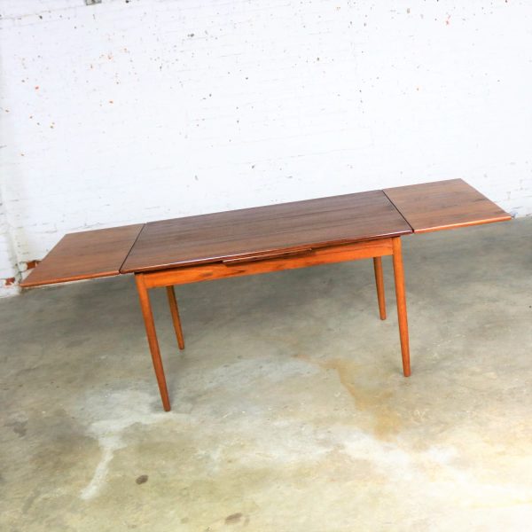 Mid Century Scandinavian Modern Teak Rectangular Draw Leaf Extending Dining Table