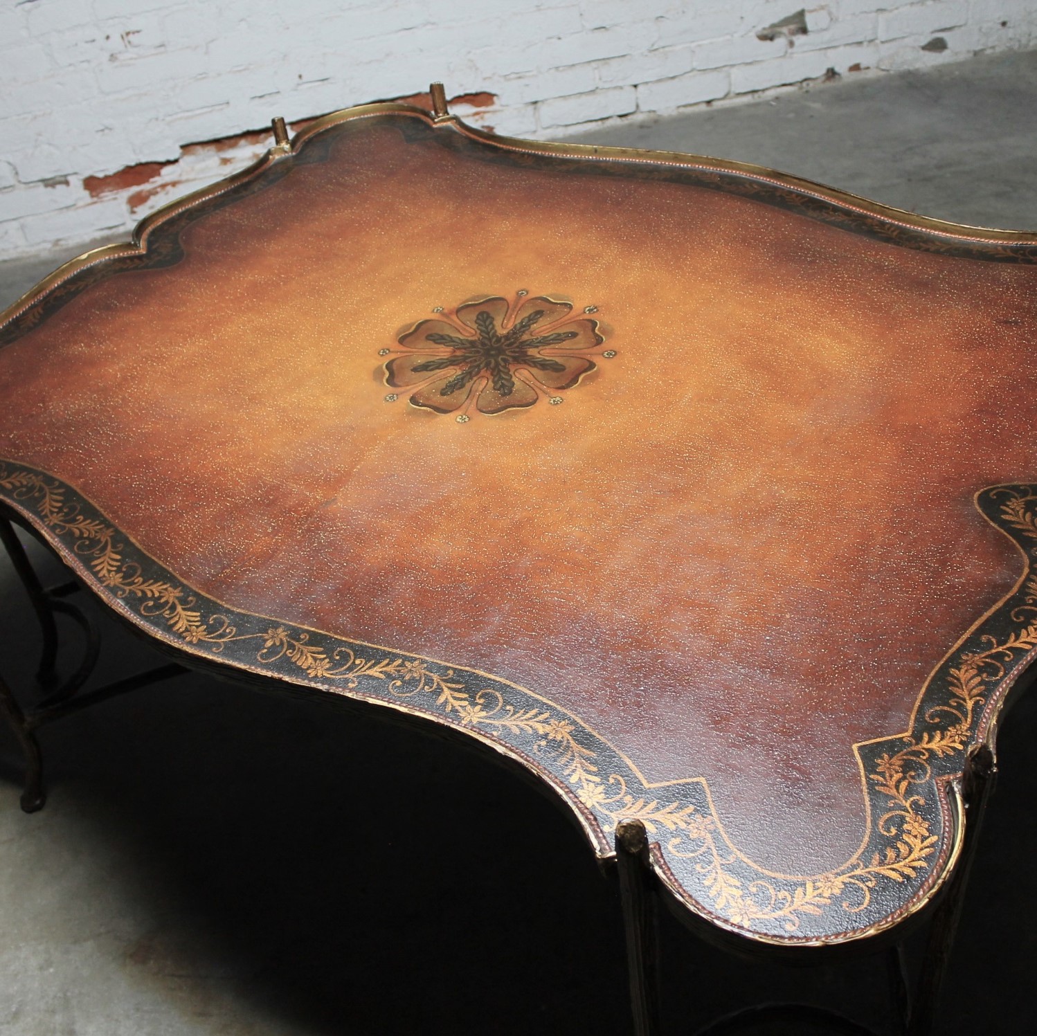 Vintage Gilded Iron Faux Bois Coffee Table with Tole Painted Tray Style Top