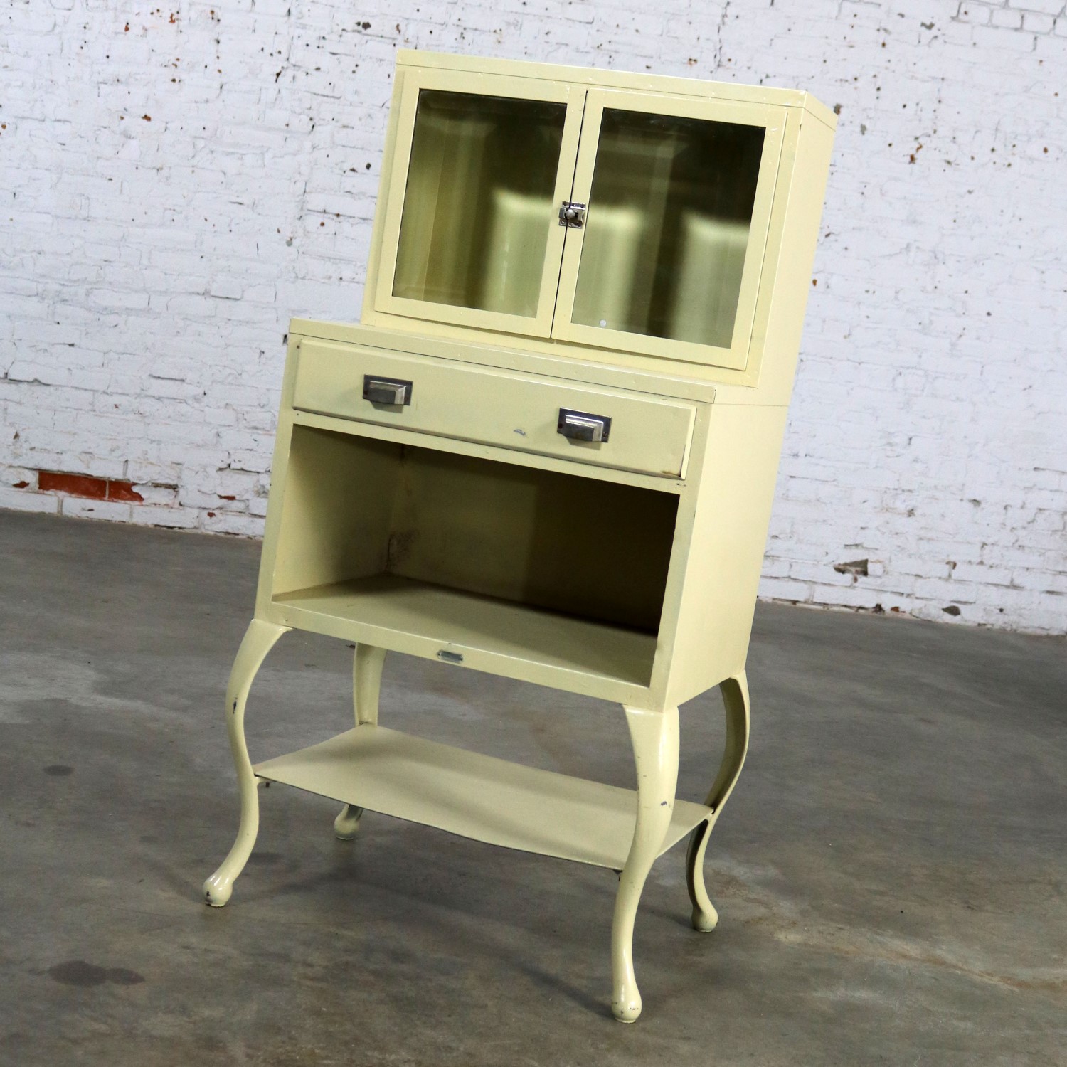 Petite Industrial Antique Medical Apothecary Cupboard with Cabriole Legs