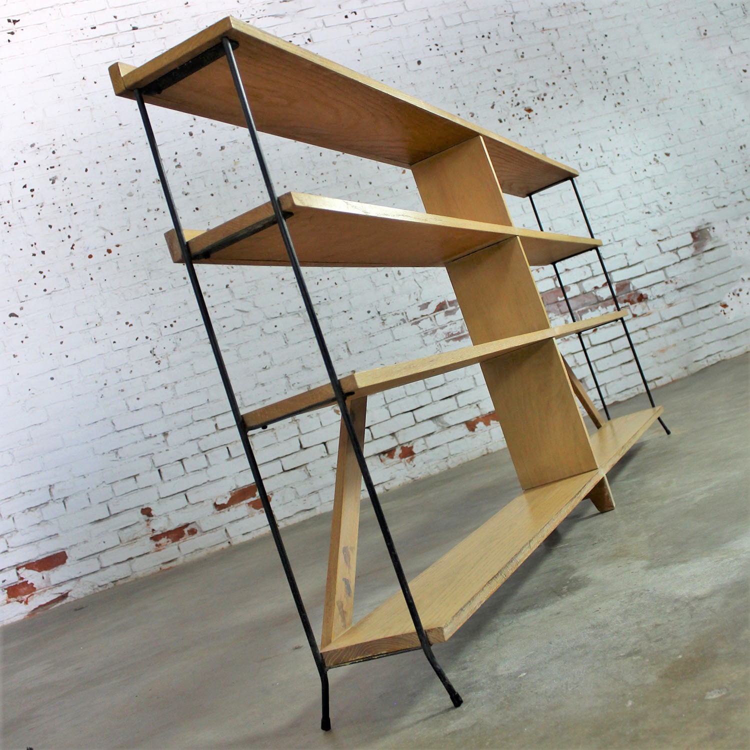 Mid Century Modern Minimalist Iron and Blonde Oak Bookcase Shelf Unit Room Divider