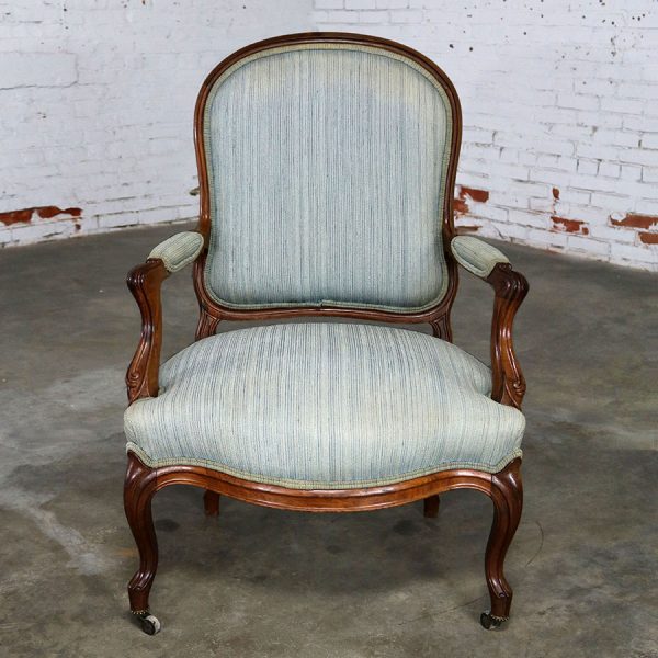 Antique Victorian Walnut and Upholstered Open Arm Chair