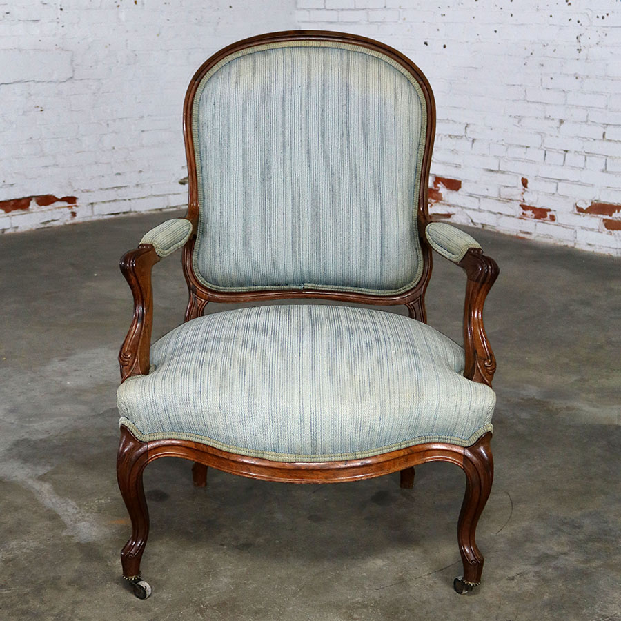 Antique Victorian Walnut and Upholstered Open Arm Chair