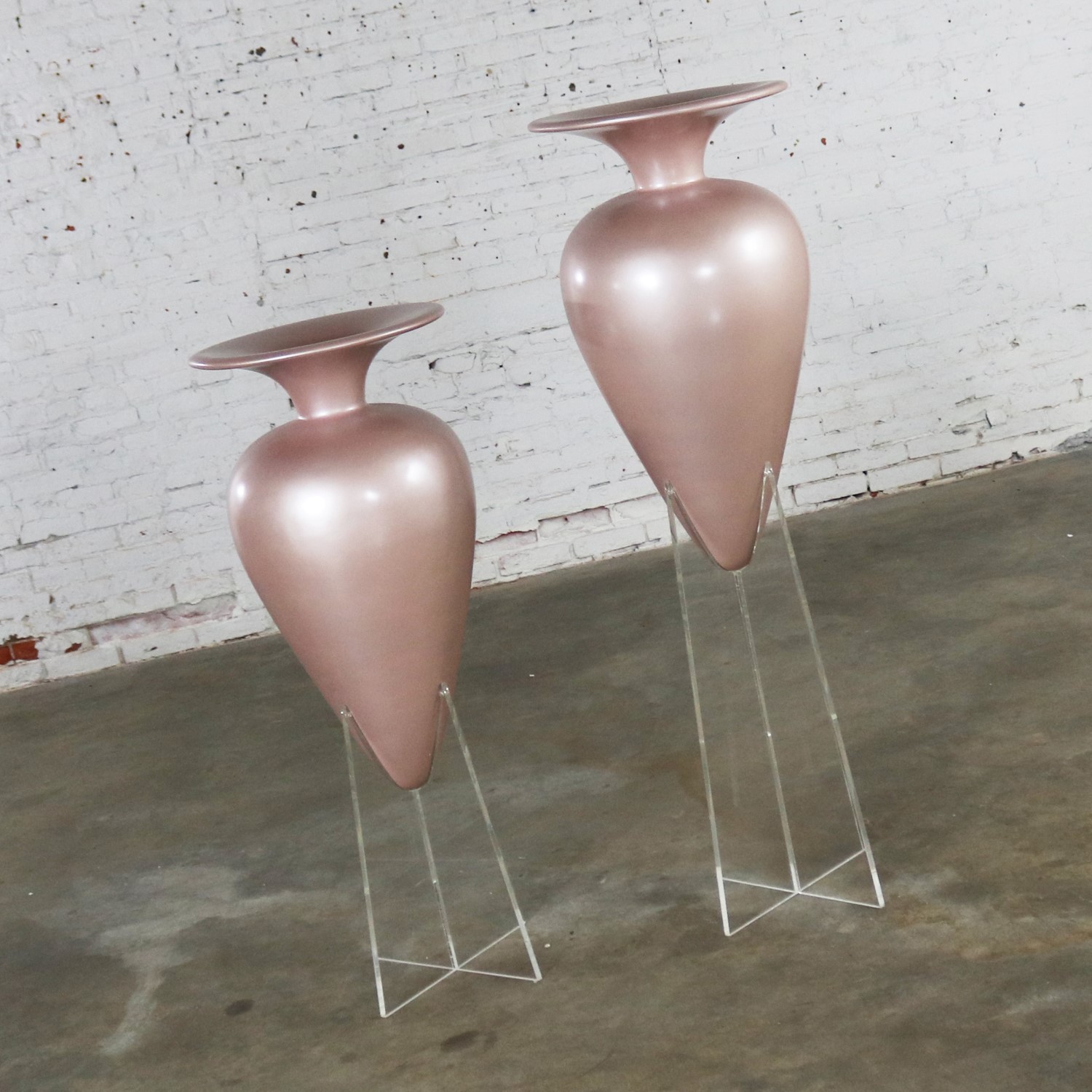 Pair of Monumental Pink Fiberglass Floor Urn Vases on Lucite Stands Vintage