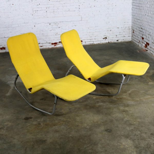Pair Bartolucci-Waldheim Barwa Lounge Chairs Aluminum and Yellow Canvas
