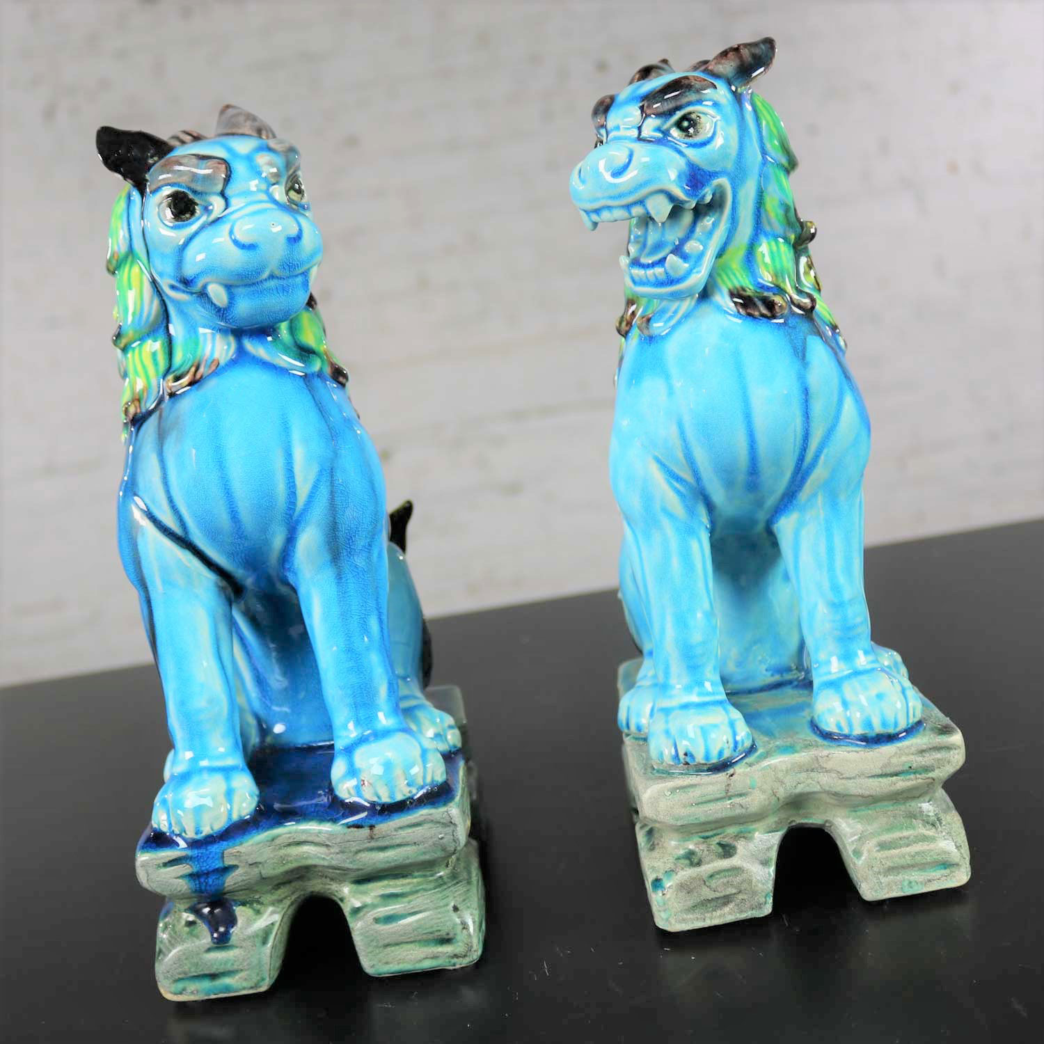 Vintage Mid-Century Pair Japanese Komainu Lion Dogs Ceramic Turquoise Green Glaze