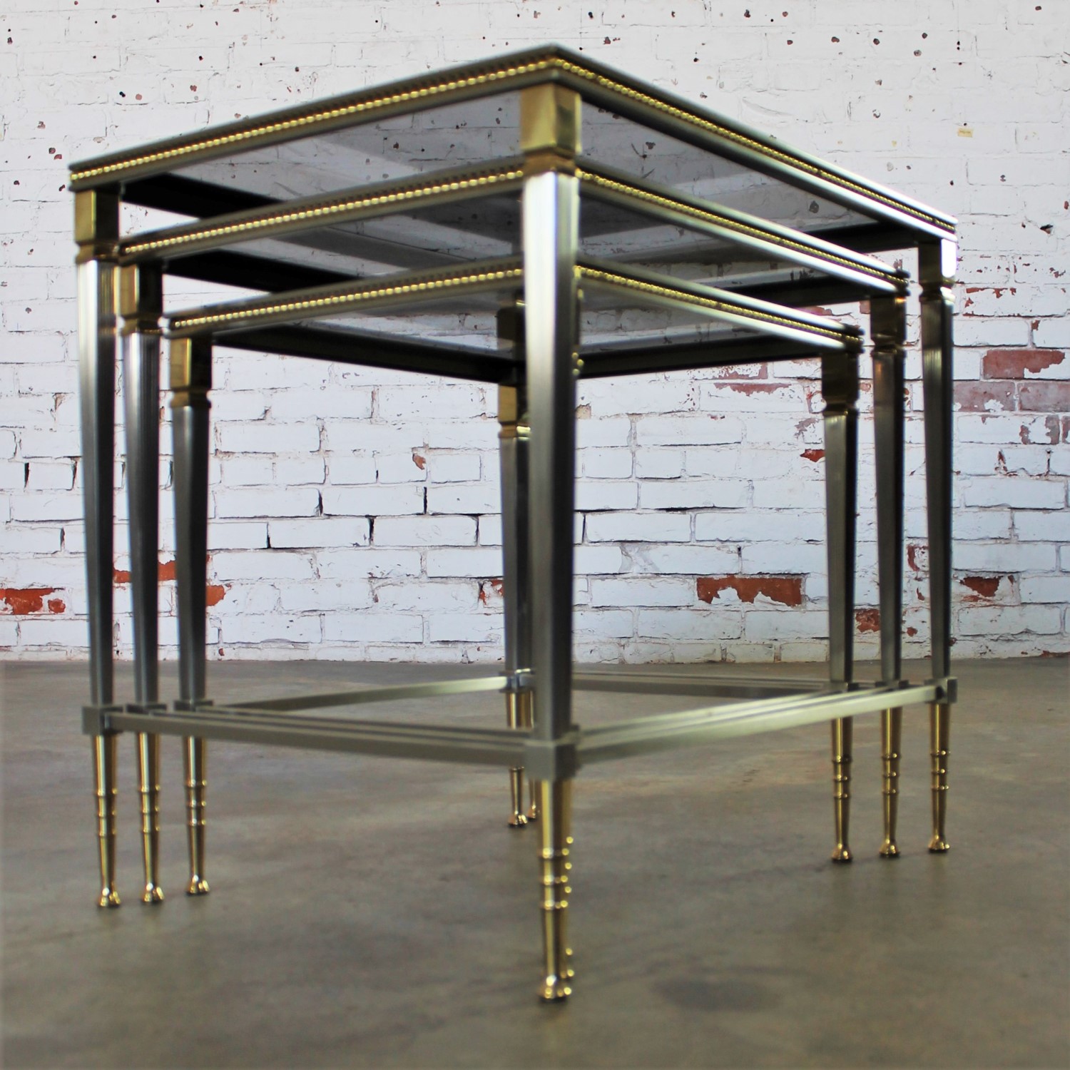 Brass & Stainless Nesting Tables w/Mirror Edged Glass Tops
