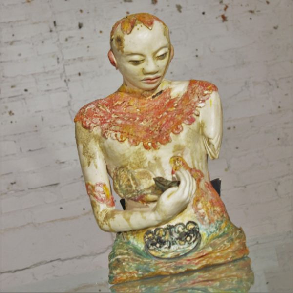 Original Ceramic Sculpture of Female Figure Holding Bird