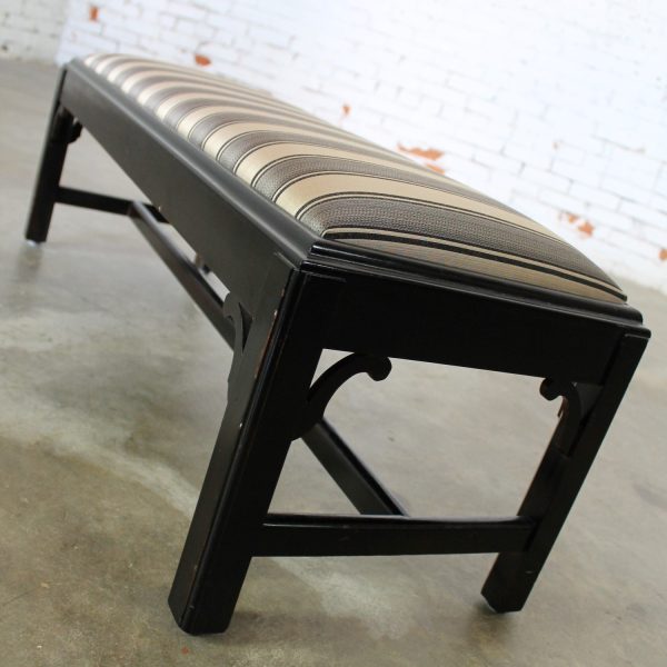 Vintage Black Chinese Chippendale Bench with Black & Gold Stripe Upholstery