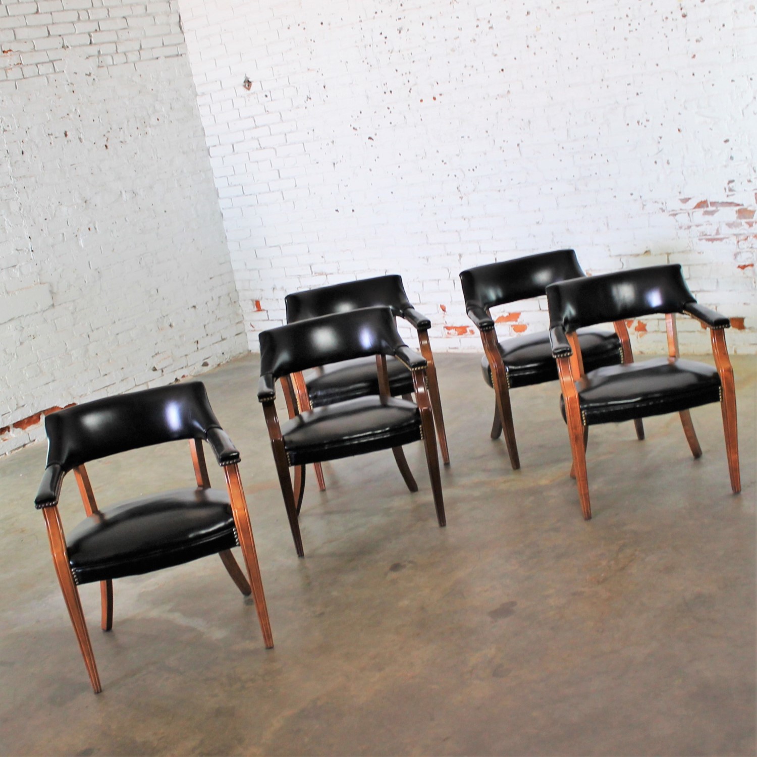 Vintage Walnut & Black Faux Leather Captain Chairs with Nailhead Detail set of 5