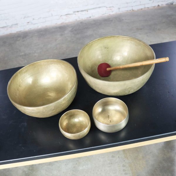 Vintage Set of 4 Bronze Nesting Singing Bowls or Standing Bowls with Mallet