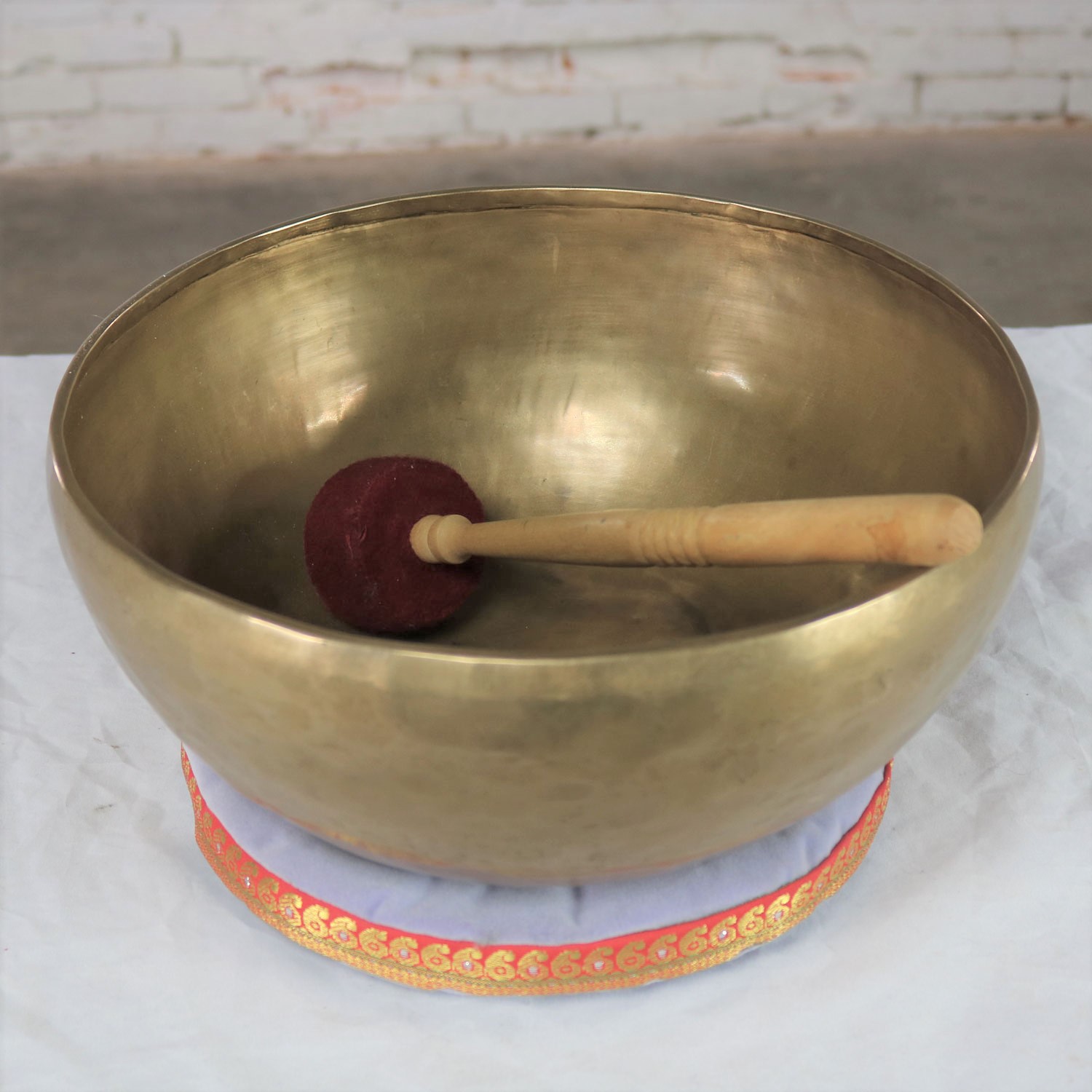 Vintage Bronze Hand Made Singing Bowl or Standing Bowl with Mallet on Pillow