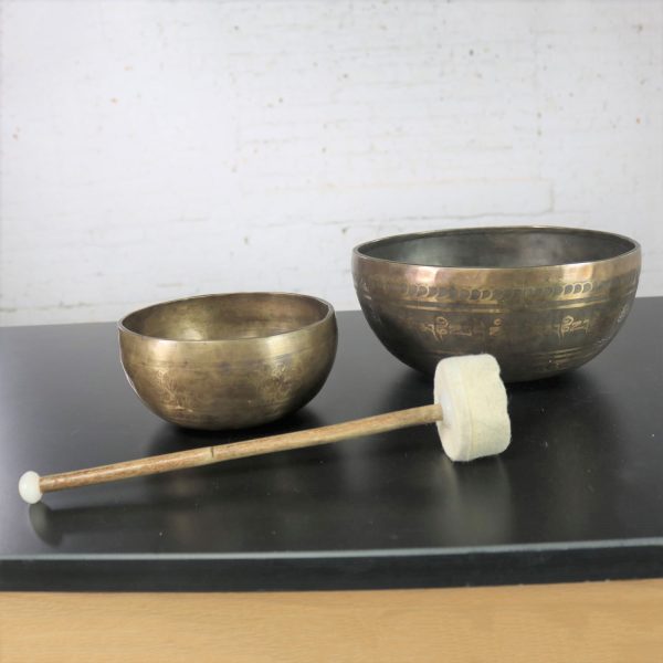 Vintage Set of 2 Bronze Nesting Incised Singing Bowls or Standing Bowls with Mallet