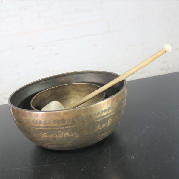 Vintage Set of 2 Bronze Nesting Incised Singing Bowls or Standing Bowls with Mallet